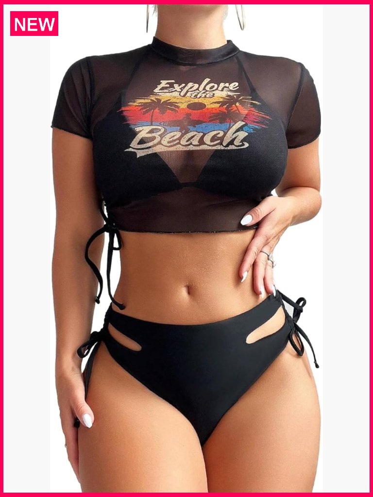 3 Piece Swim Set Halter Bikini Tie Side Mesh Short Sleeve